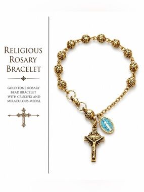 Vintage Gold Tone Rosary Bracelet Cross Virgin Mary Charm Religious